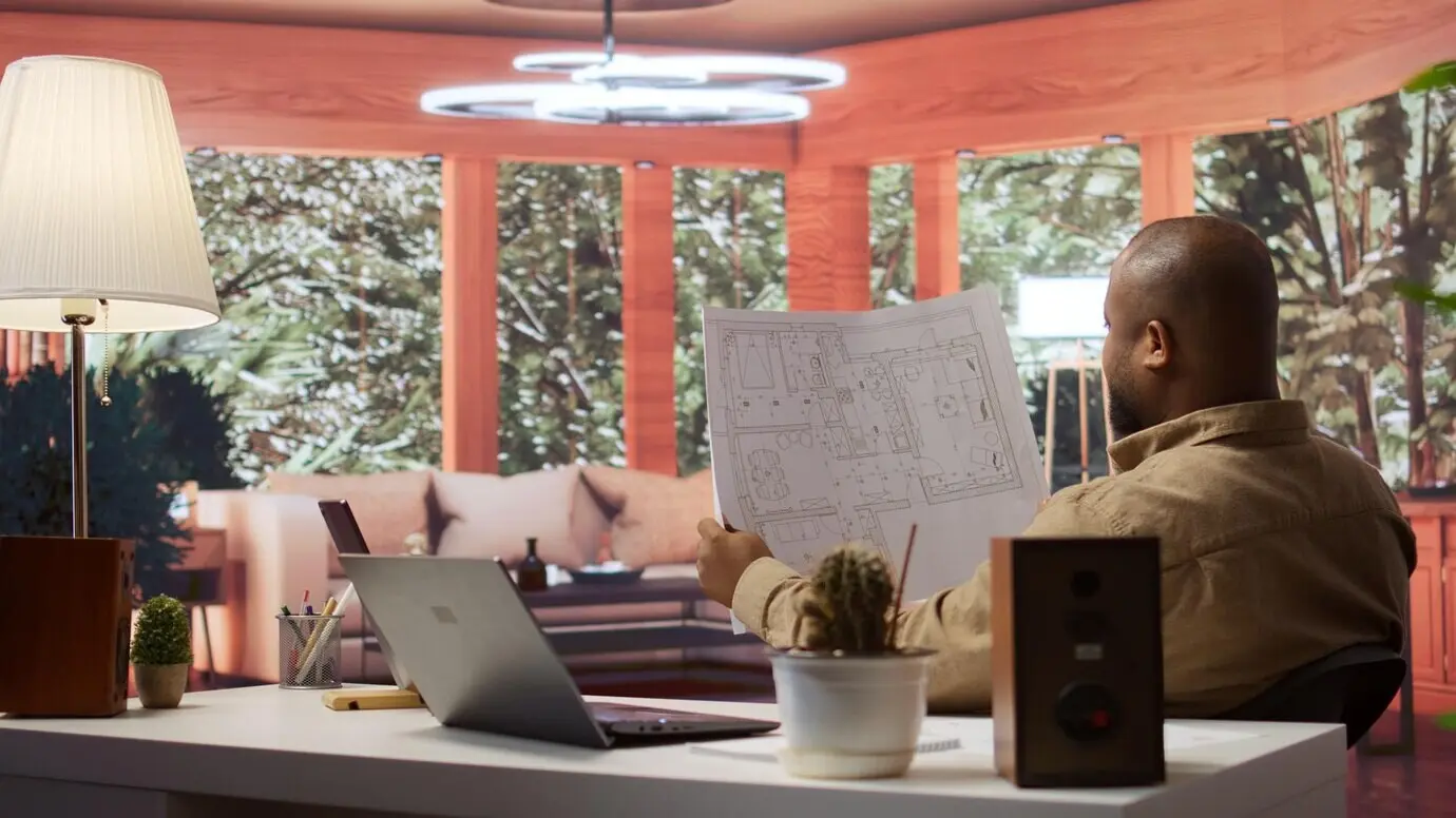 An entrepreneur reviewing architectural sketches and blueprints at his home.